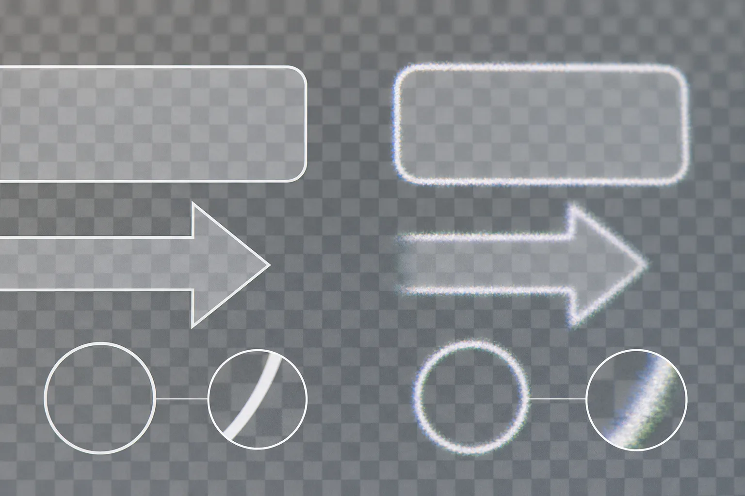 Close-up comparison of clean and ragged transparent image edges on UI overlay shapes