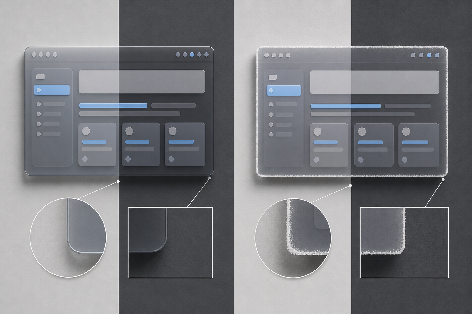 Comparison of clean and contaminated transparency edges around a floating interface panel