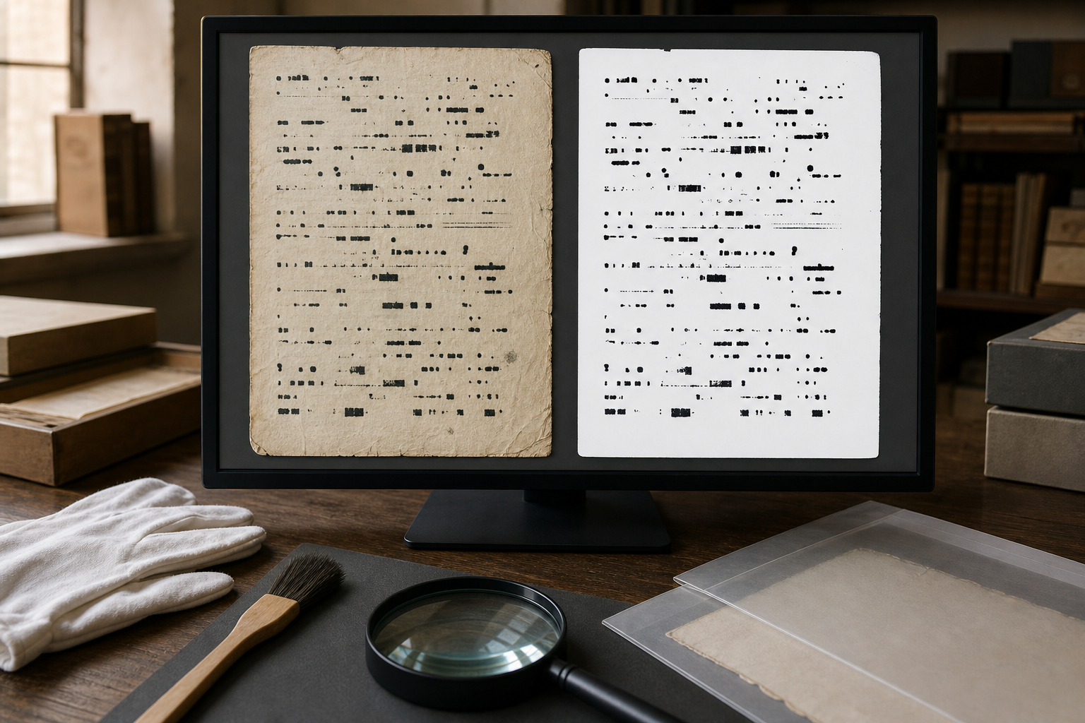Side-by-side visual comparison of a texture-preserving typewriter scan and a high-contrast OCR derivative