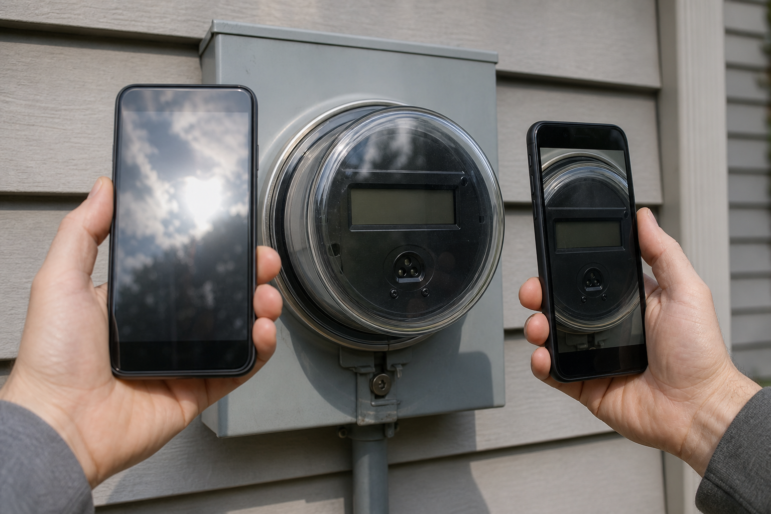 Comparison of direct and angled smartphone positions in front of a reflective utility meter cover