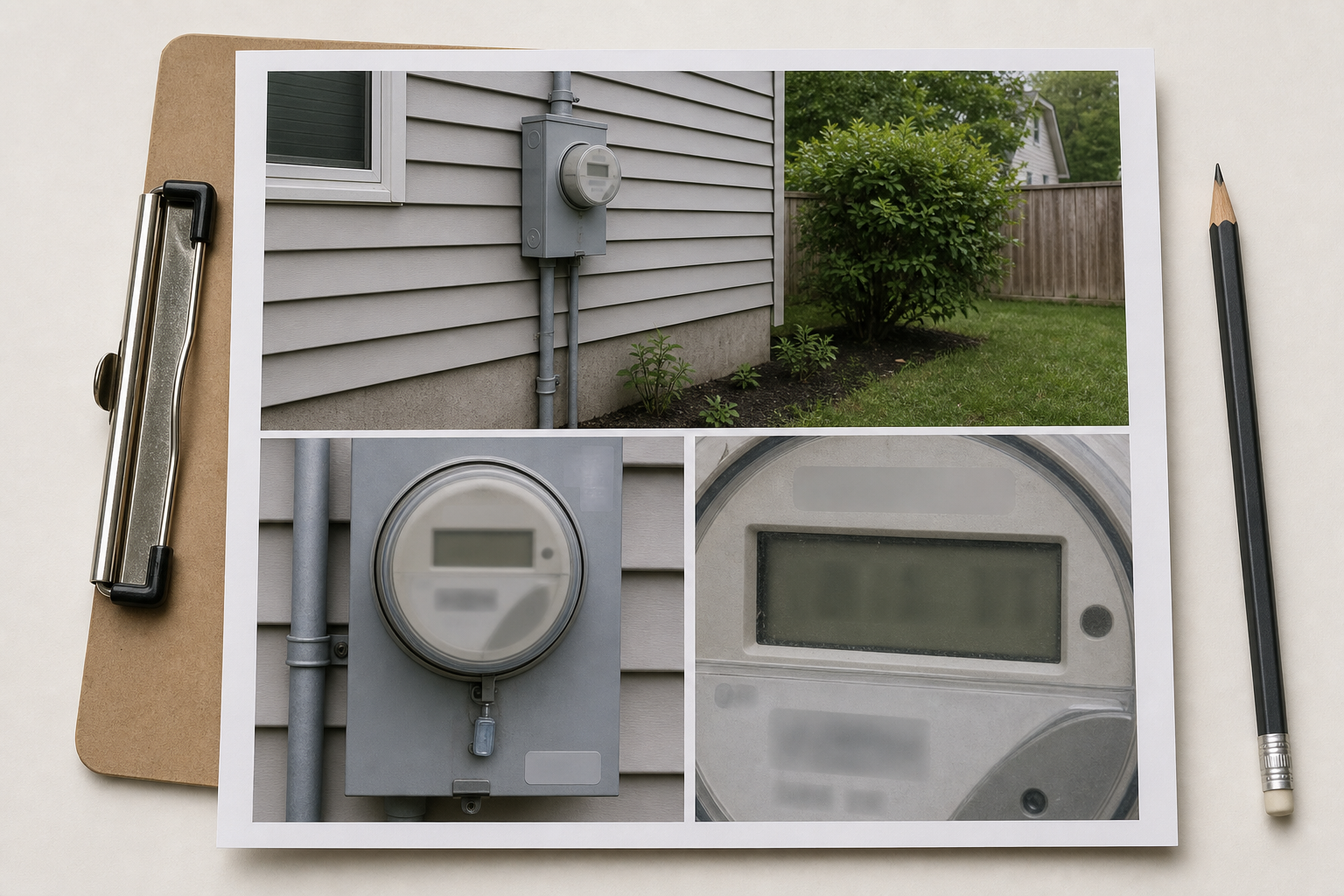 Organized utility meter evidence sheet assembled from overview, identification, and display photographs