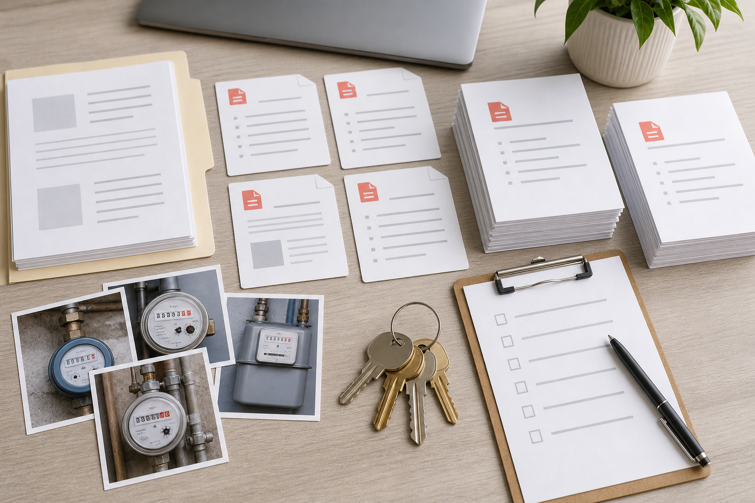 Organized property turnover packet with meter images and PDF pages