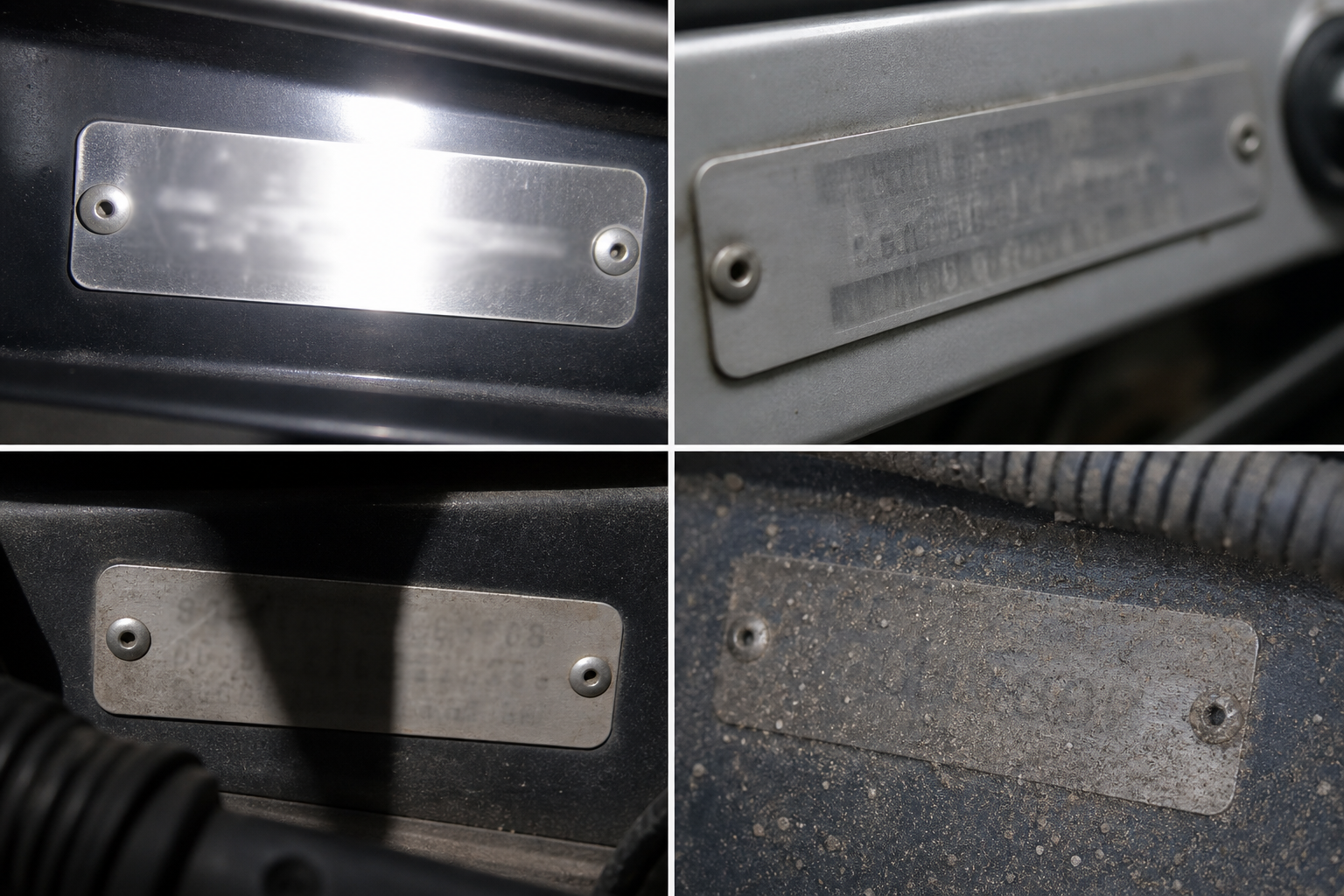 Close-up comparison of difficult VIN plate photo conditions including glare, shallow angle, shadows, and dirty surfaces