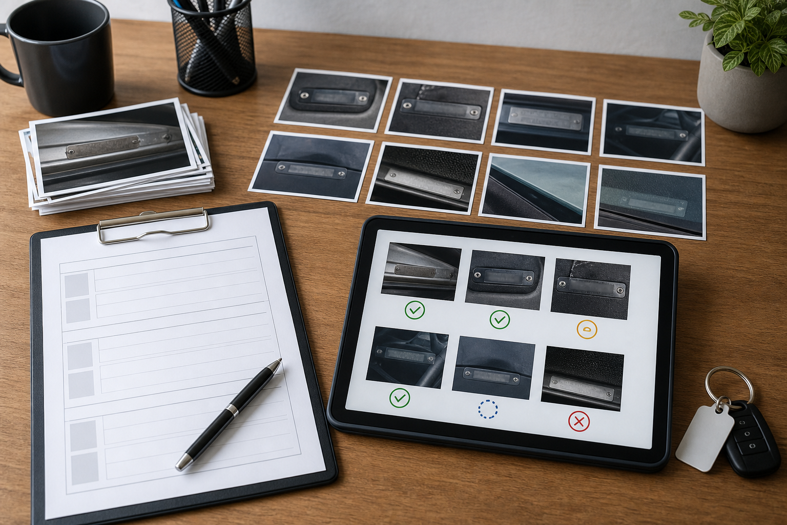 Fleet intake image cleanup checklist scene with cropped VIN plate photos and organized digital record thumbnails