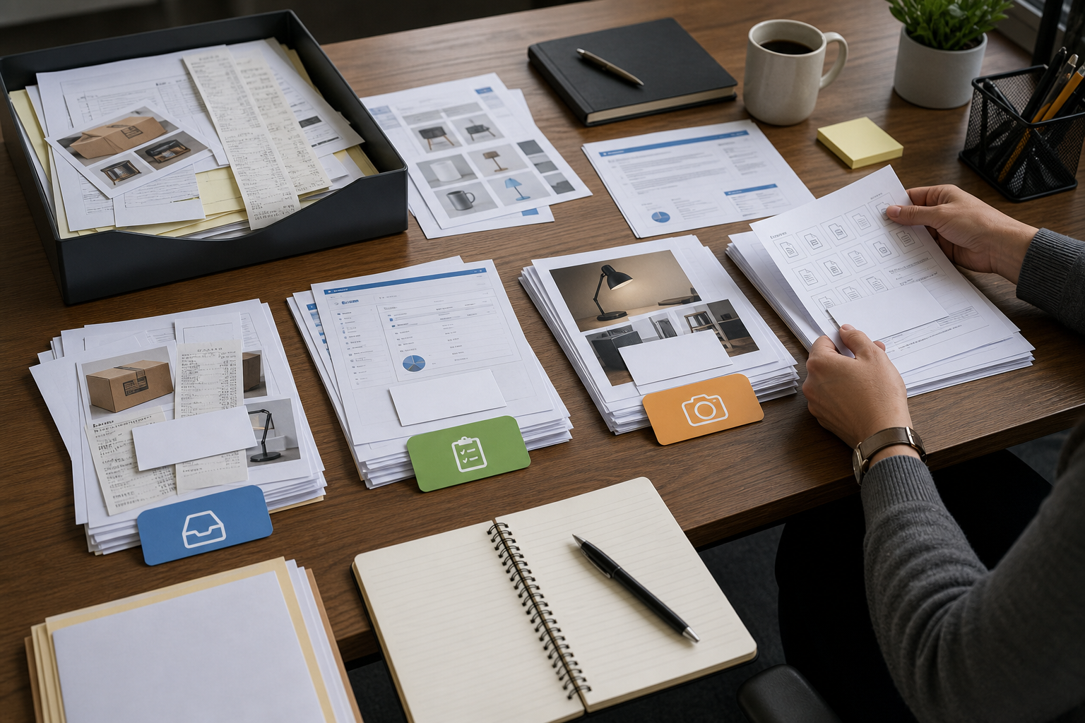 Operations specialist sorting vendor PDF pages, screenshots, scans, and attachments into separate review piles