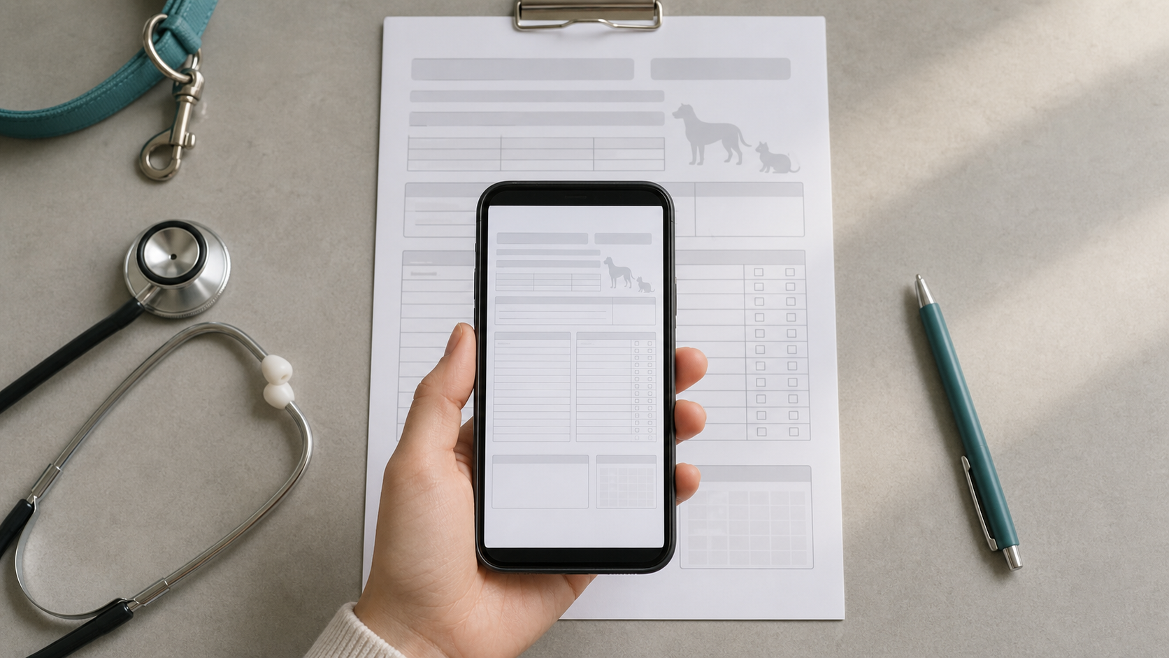 Veterinary forms photographed on a flat surface with phone, lighting, and page corners visible
