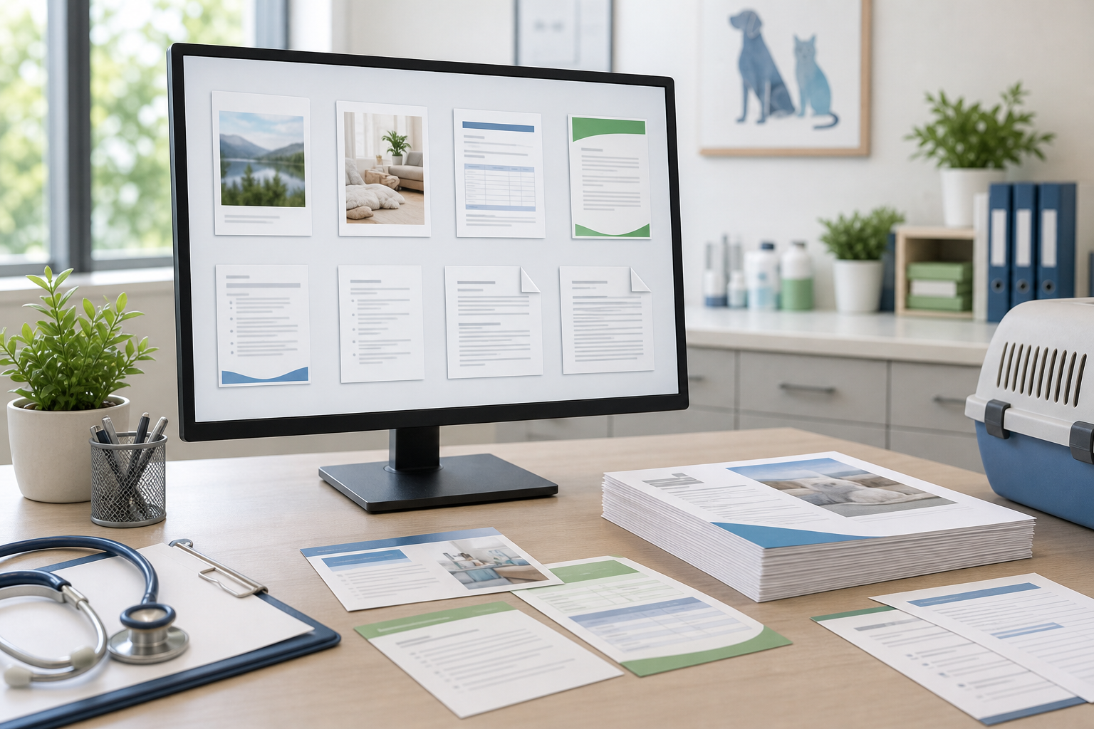 Organized veterinary document packet preview with image pages and PDF thumbnails