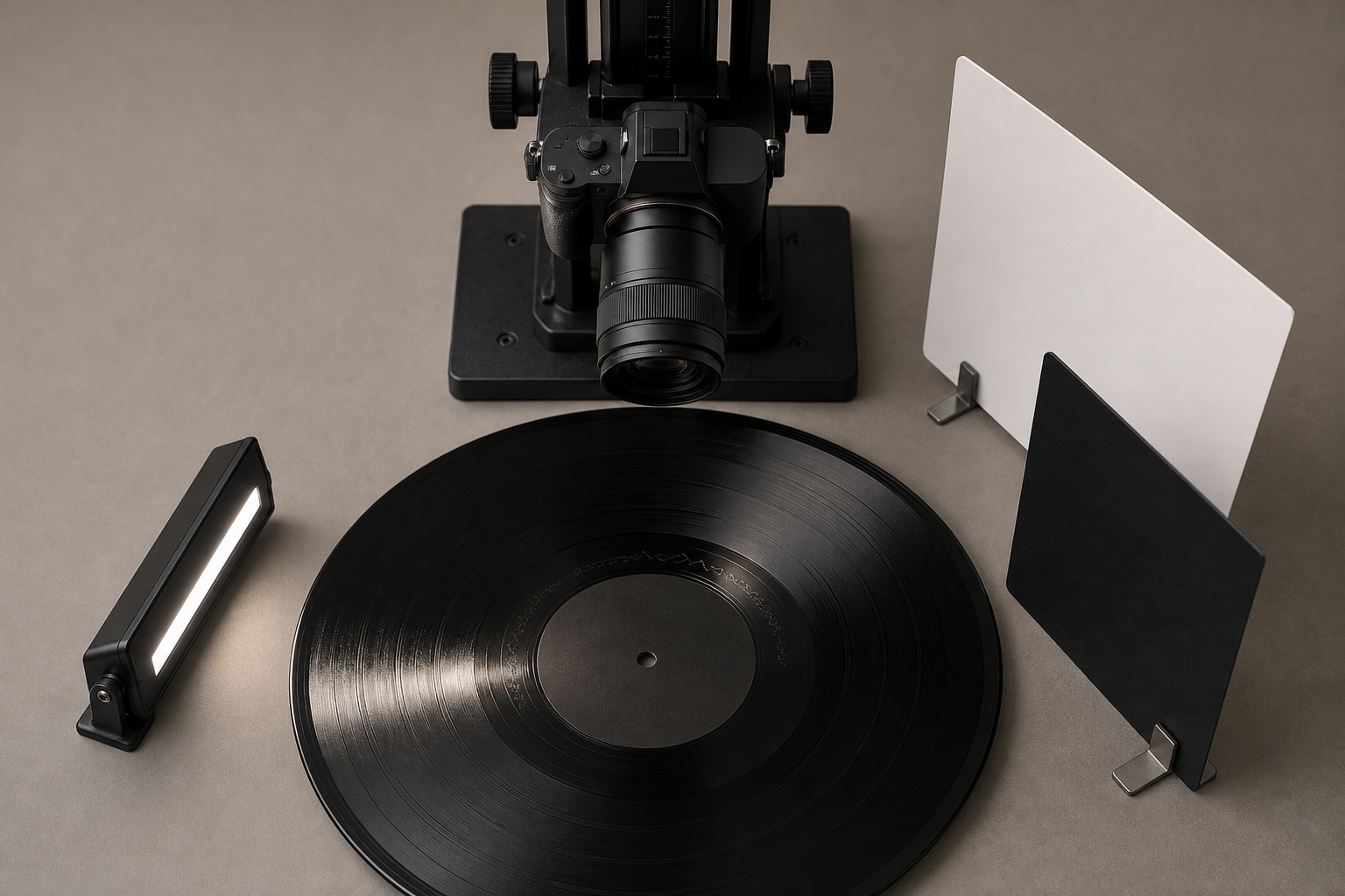 Diagrammatic view of a camera and low-angle light positioned around a vinyl record runout