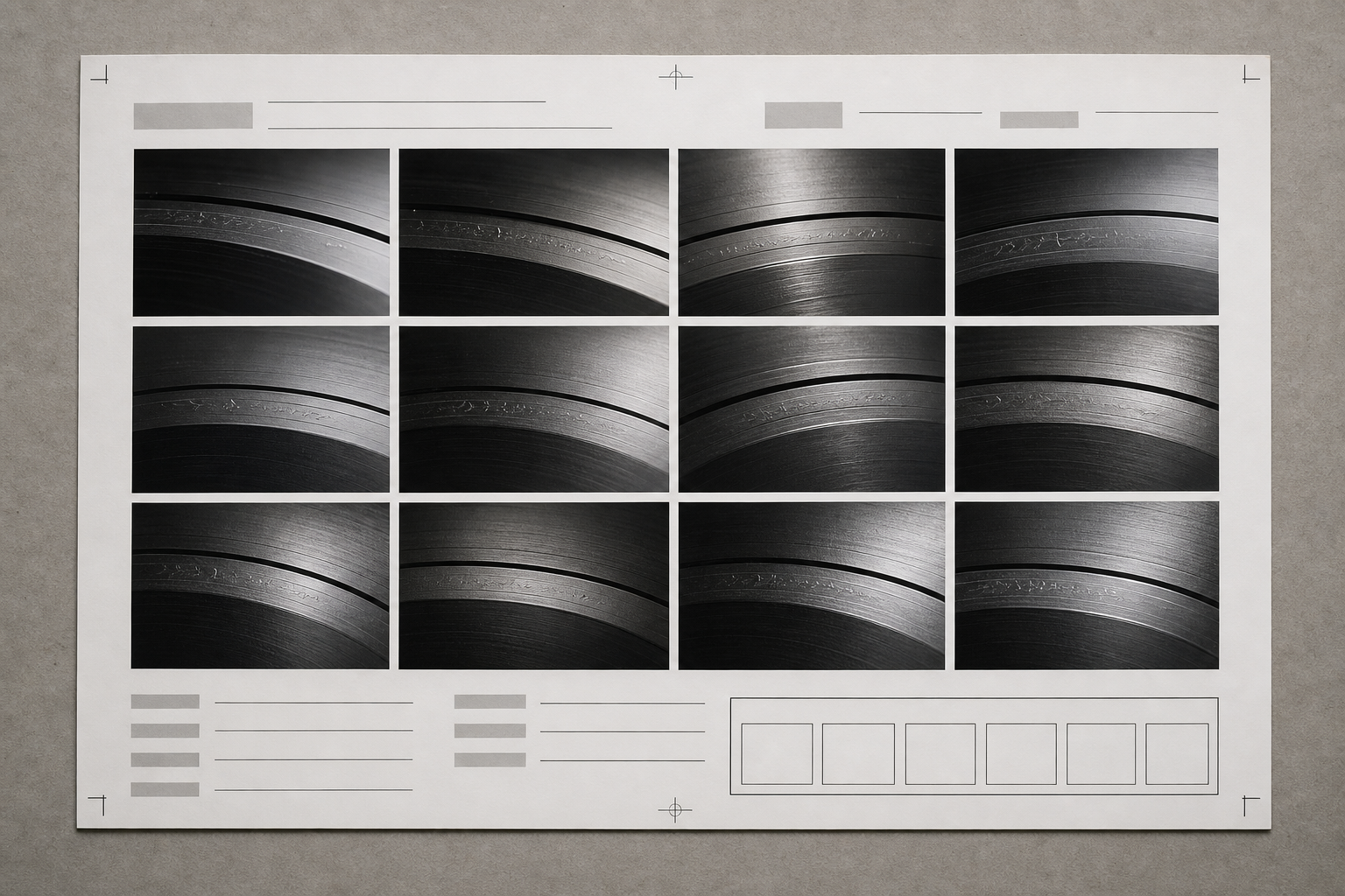 Organized contact sheet of several illuminated vinyl runout segments with catalog placeholders