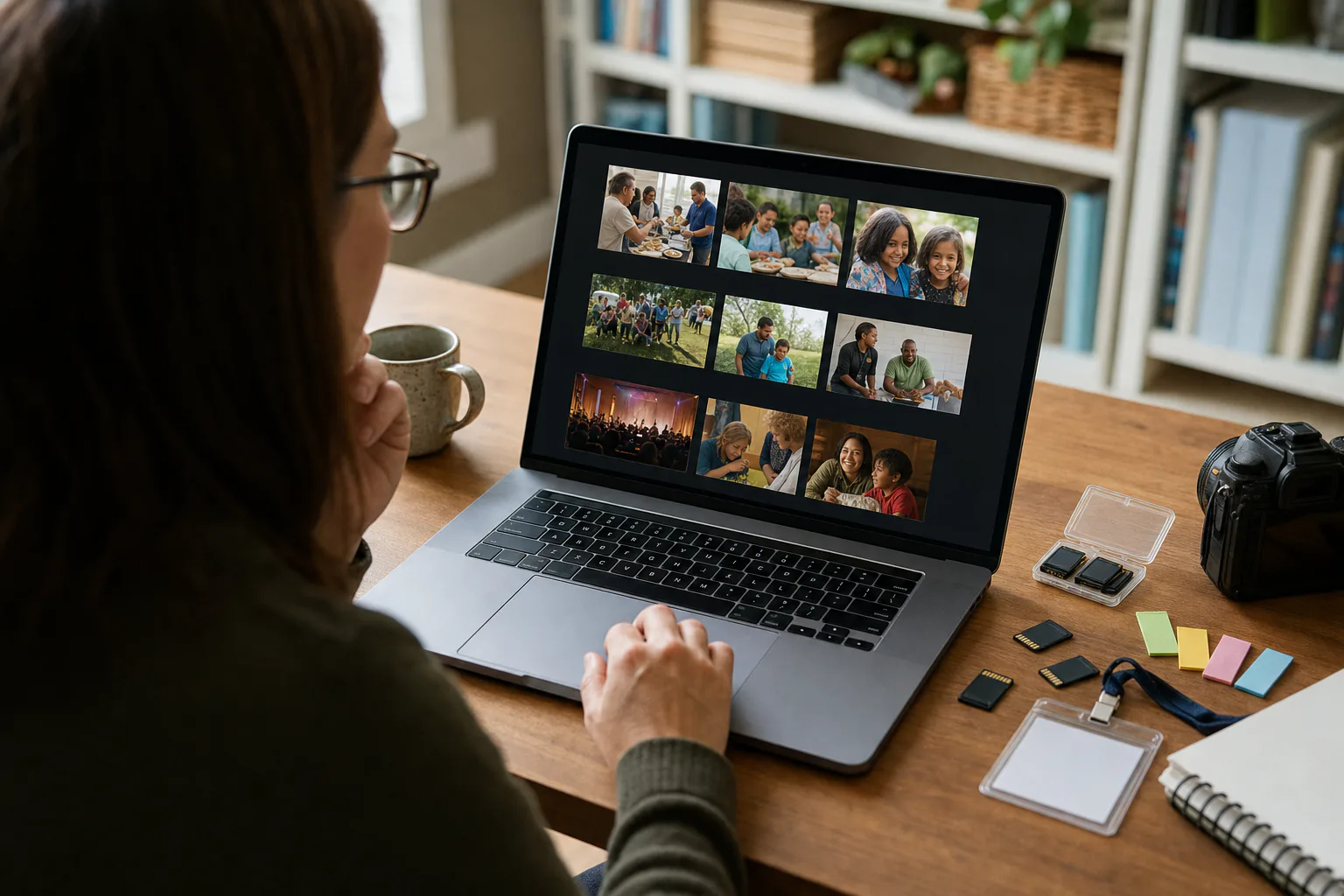 A nonprofit editor reviewing event photo thumbnails grouped by story value on a laptop