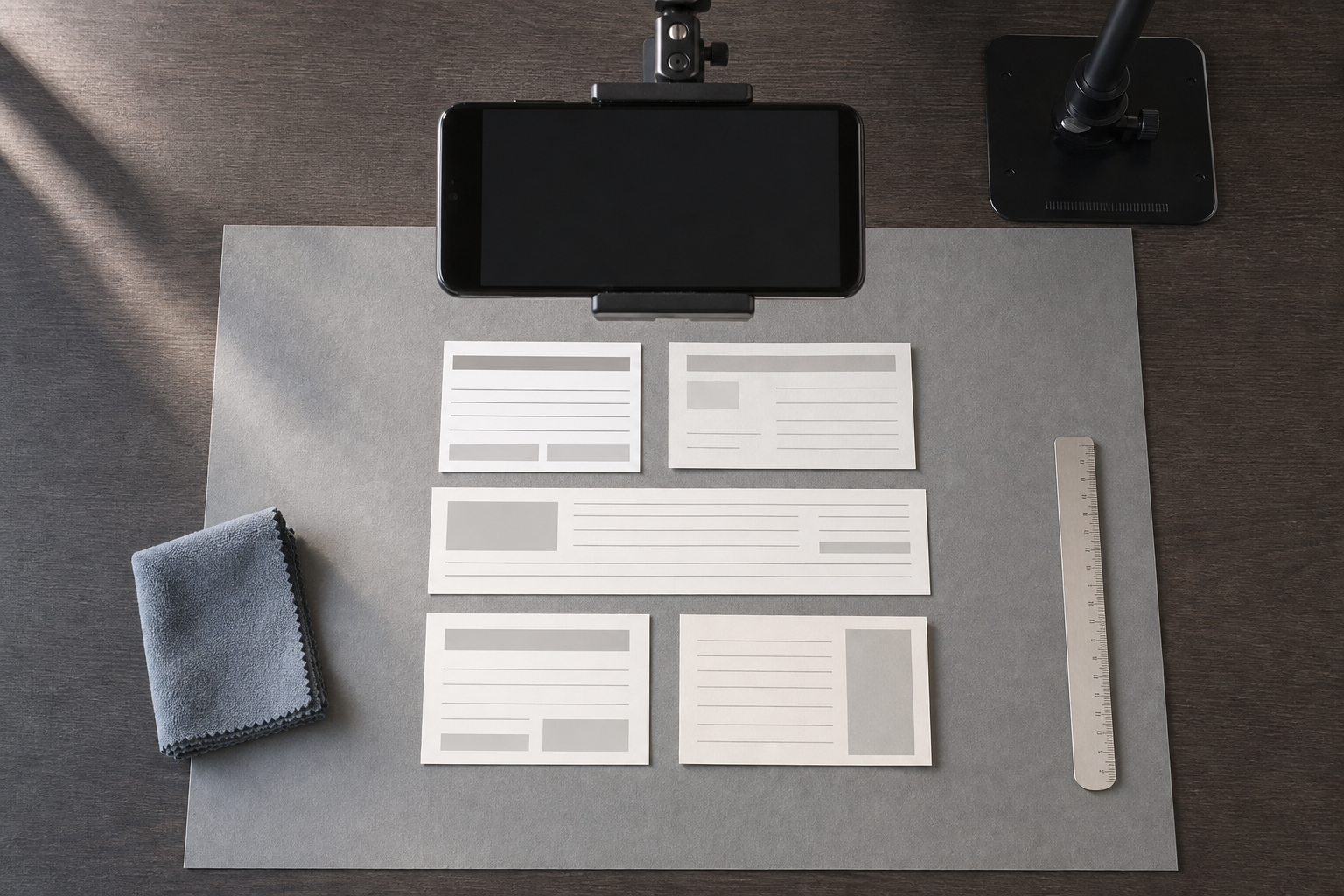 Overhead setup for photographing appliance warranty cards with a phone, neutral backing sheet, and soft side lighting