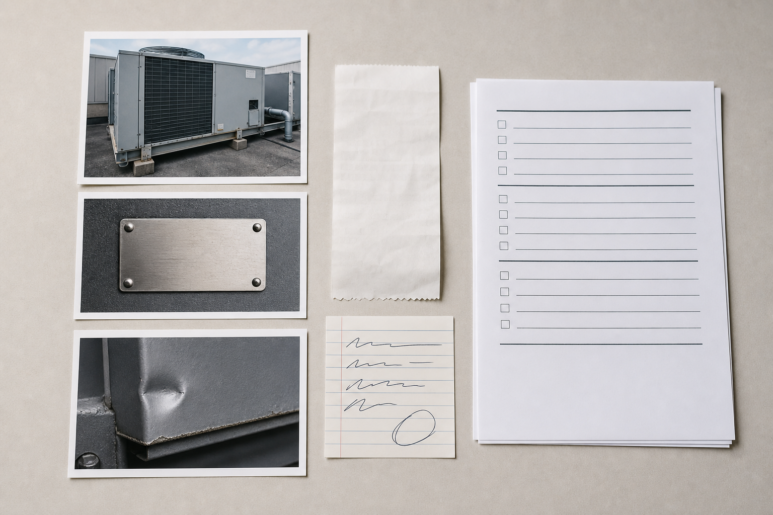 Organized warranty claim packet components laid out as photos, labels, receipts, and notes