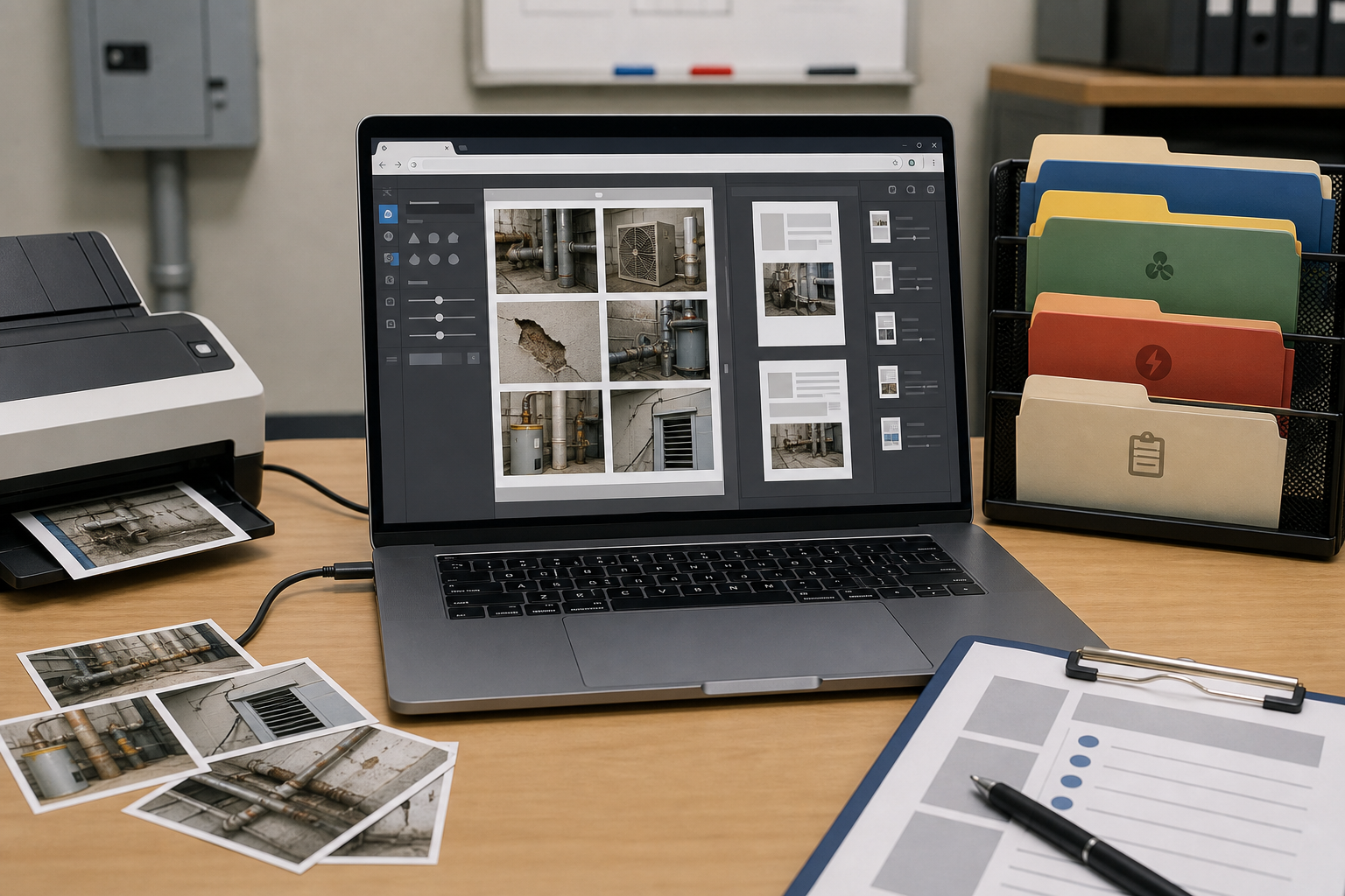 Facilities laptop workflow showing image cleanup and PDF assembly without visible text