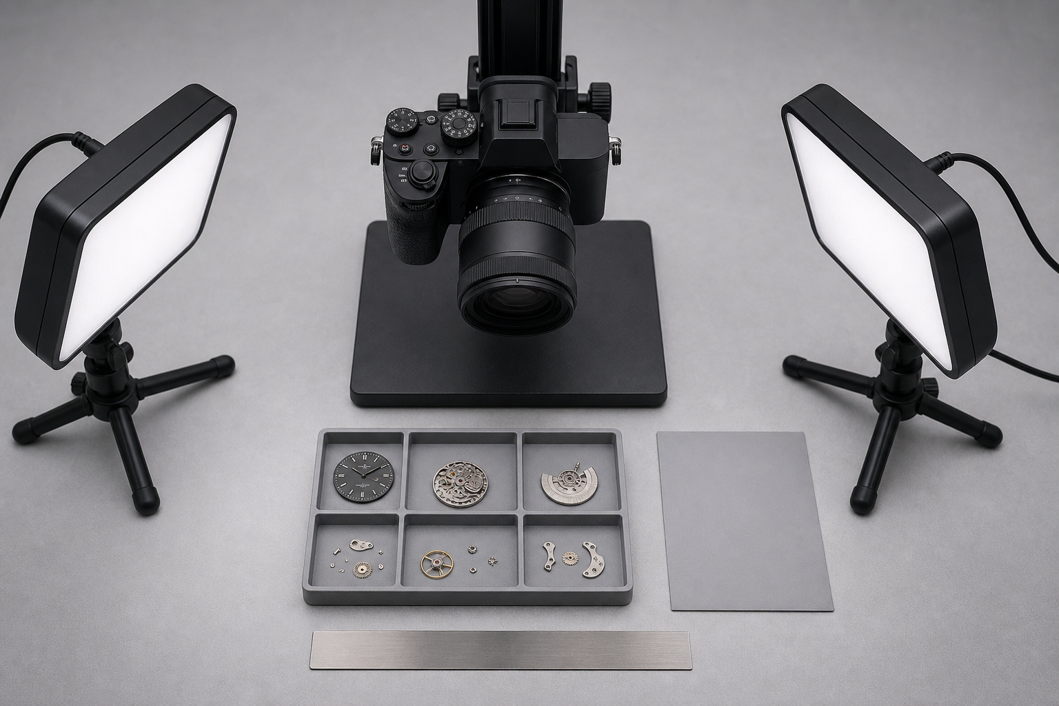 Overhead camera and diffused lights positioned above a compartmented watch parts tray