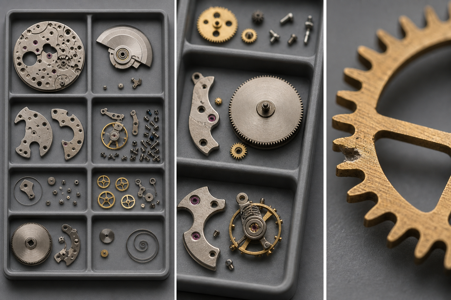 Wide, compartment, and macro photographs of organized watch movement components