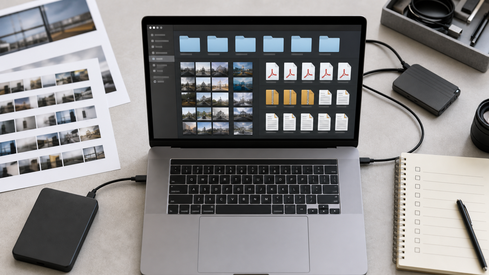 Organized folders containing original images, proof images, compressed files, and a PDF review packet