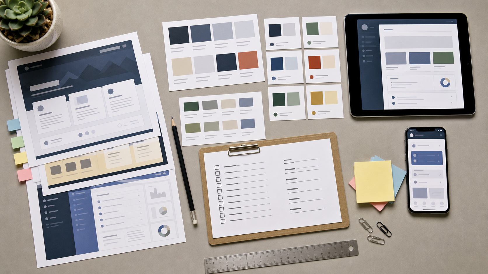 Organized accessibility review materials with screenshots, contrast swatches, and device frames on a desk