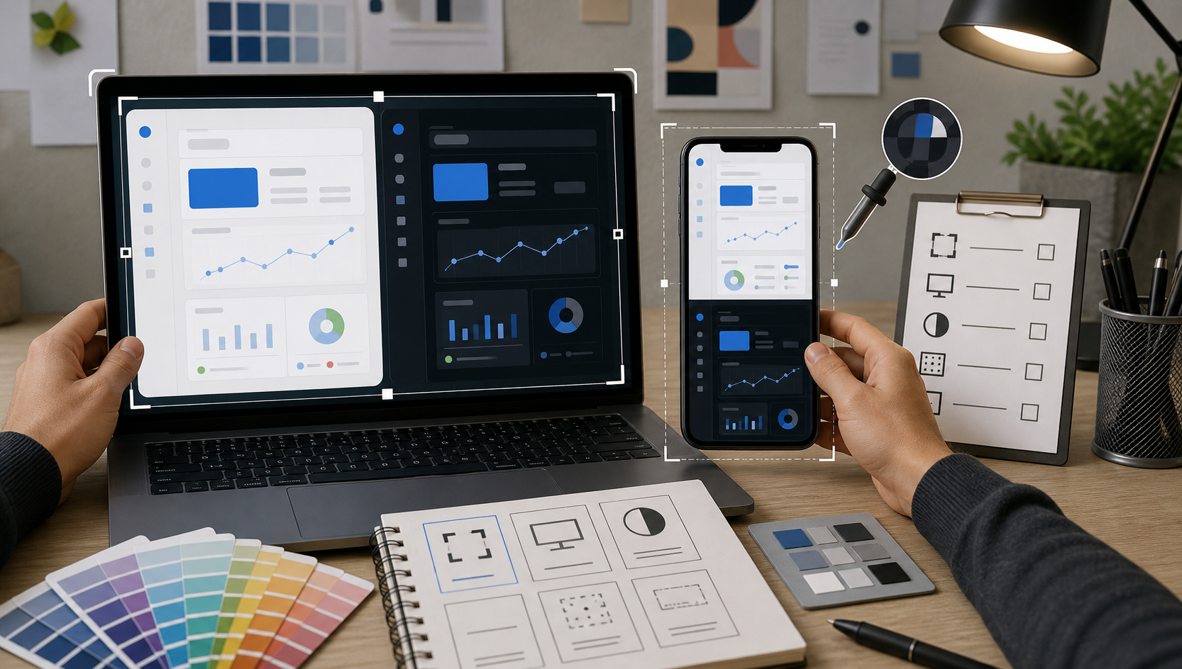 Designer capturing mobile and desktop interface states for a contrast review