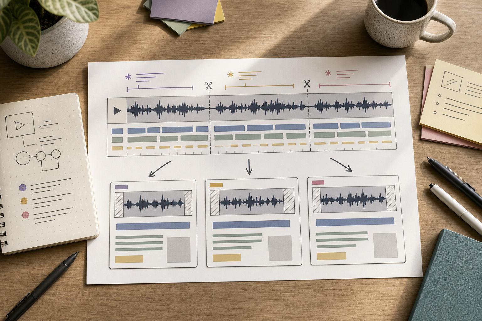 Storyboard-style layout of a webinar answer being shortened into a social proof clip