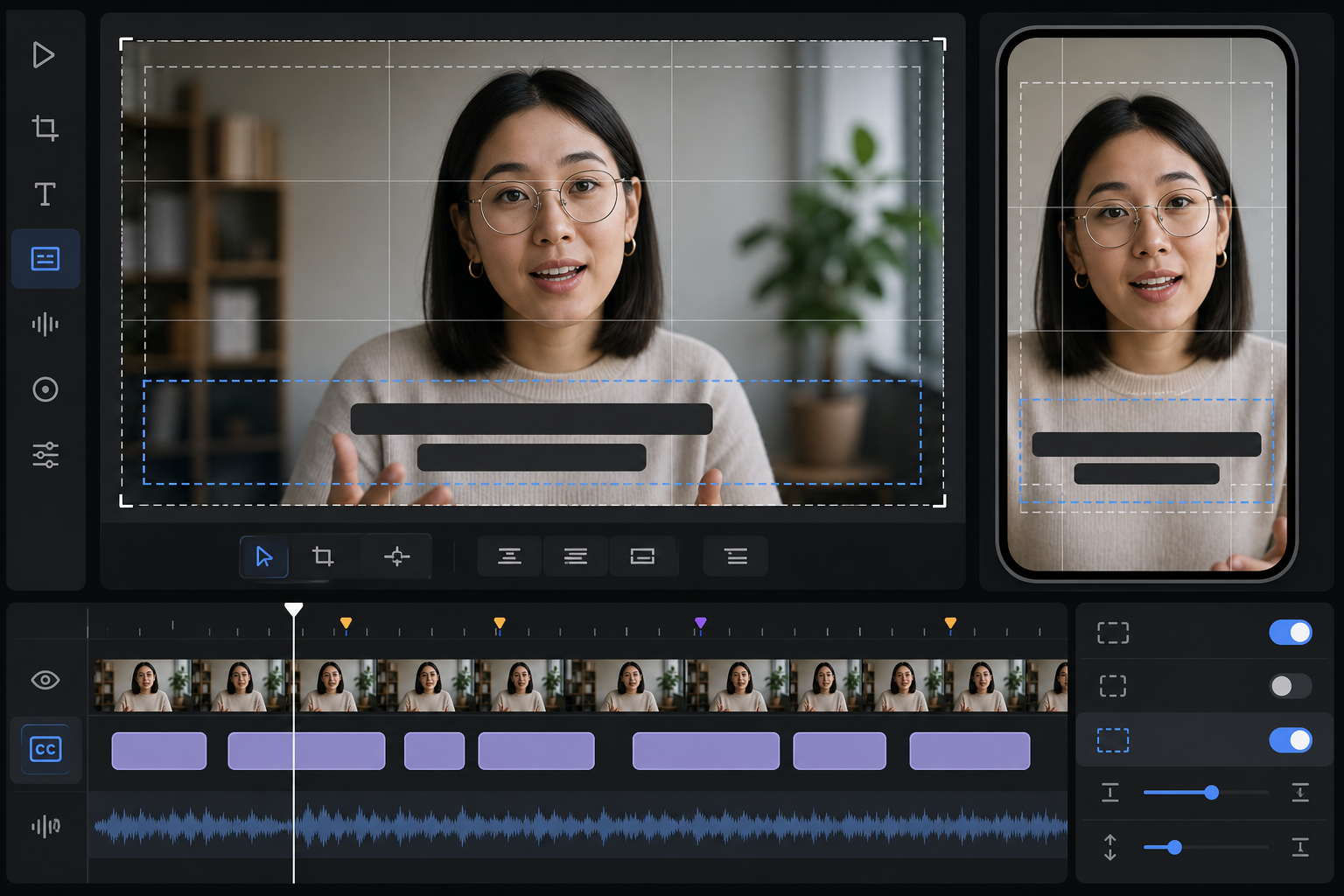 Close-up of subtitle-safe video crop planning for a webinar clip