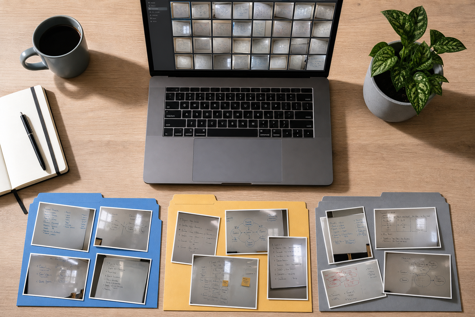 A desktop workspace showing messy whiteboard photos being sorted into keep, retake, and archive groups